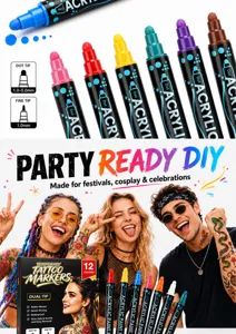 Dual tip acrylic paint markers for temporary tattoos, body art and DIY crafts 12 colors