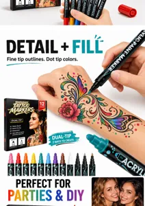 Dual tip temporary tattoo markers set 12 colors waterproof body paint pens for DIY parties