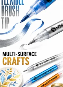 Metallic brush tip marker pens set for DIY art painting, multi-surface craft shimmering ink.