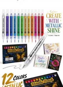 Metallic marker set with 12 vibrant colors, flexible brush tip, ideal for art and DIY crafting.