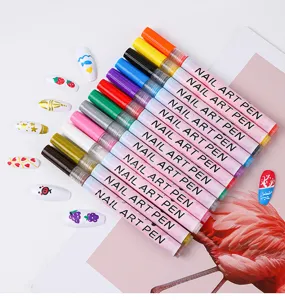 Detailed view of colorful nail art pens set with fine needle tips for DIY manicure painting.