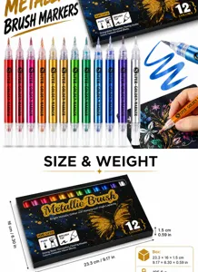 12 Colors Metallic Brush Markers Set, Glitter Marker Pens for DIY Rock Painting and Art Craft.