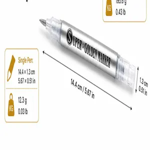 Detailed dimension graphic of silver glitter marker pen, showing length, width and weight specs.