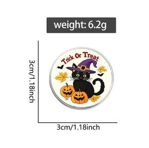 Halloween black cat wizard hat enamel brooch pin with pumpkin bat design, size 3cm.