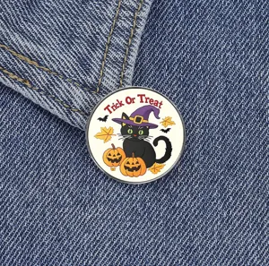 Halloween black cat witch hat brooch cute pumpkin enamel badge denim jacket accessory