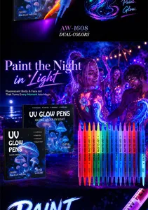 Dual-head UV body paint pens set, neon fluorescent markers for party glowing body and face painting.