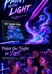 Dual-brush UV glow face and body paint pens set, waterproof fluorescent art makeup markers.