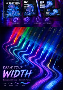 Dual head UV glow pens set with vivid colors, waterproof and quick dry ink for creative art.