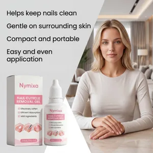 Nymixa nail cuticle removal gel for gentle hand and finger care, 30ml portable bottle.