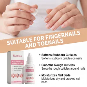 Detail view of Nymixa nail cuticle removal gel with hands application and key product benefits.