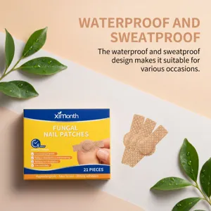 Detailed view of fungal nail patch boxes and adhesive patches displayed with fresh green leaves.