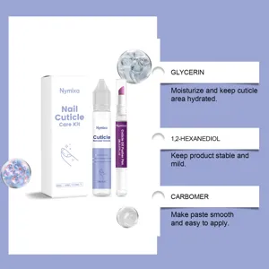 Nymixa nail cuticle care kit detail, gentle moisturizing cuticle remover cream and oil pusher pen.