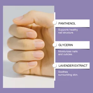 Nail cuticle oil pen detail showing panthenol, glycerin and lavender extract use.
