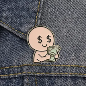 Cartoon money-loving little man enamel brooch funny dollar sign metal pin accessory for jacket.