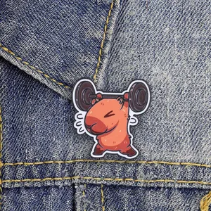 Cute capybara lifting weights metal brooch, funny gym animal enamel pin for clothes backpack.