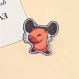 Cute capybara barbell lifting metal brooch, funny animal enamel pin for clothes decor.