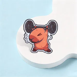 Cute fitness capybara barbell metal brooch close-up, funny animal enamel pin for clothes.