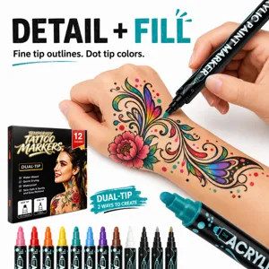 Dual tip temporary tattoo markers for body art, waterproof face and skin painting pens 12 colors