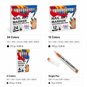 Größen- und Gewichtstabelle für Nagelkunst-Marker-Sets mit 24, 12, 6 Farben und einzelnen Stiften.