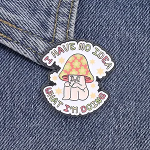 Retro floral mushroom character cartoon enamel brooch with funny slogan English quote pin accessory