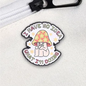Retro floral mushroom character cartoon brooch detail, funny English slogan metal pin badge.