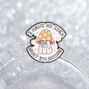 Detailed close-up shot of the cute retro mushroom character enamel pin with funny slogan text.