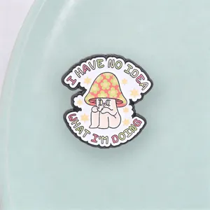 Retro floral mushroom character brooch, funny slogan design, cute enamel pin accessory.
