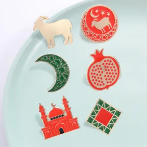 Retro Arabic geometric star crescent goat pomegranate mosque enamel brooch pin set jewelry