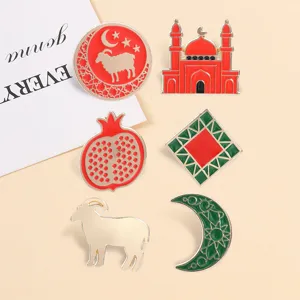 Vintage Arabic geometric crescent moon sheep pomegranate brooch enamel pin for clothes