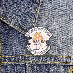 Retro floral mushroom character brooch pin with funny slogan, cute American style accessory.