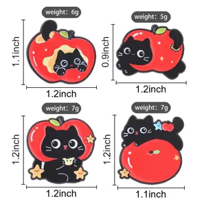 Cute black cat red apple enamel pins set cartoon animal brooches for clothes bags decor