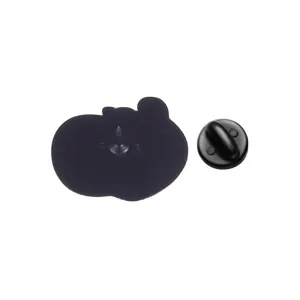 Back view of cute black cat enamel brooch pin with secure rubber clutch accessory for bags.