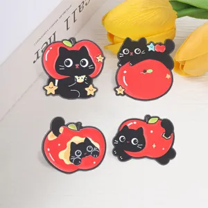 Cute black cat red apple enamel pins set, cartoon star brooch badges for clothes backpacks.