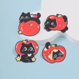 Cute black cat red apple enamel pin set cartoon animal metal brooch backpack badge decoration