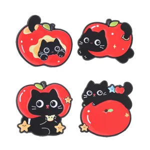 Cute black cat red apple enamel pin cartoon star animal clothing backpack decoration badge
