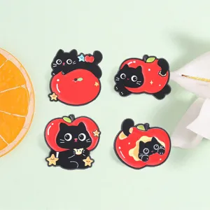 Cute Red Apple Black Cat Alloy Brooch Cartoon Star Kitten Badge For Backpack Clothing Decoration Unisex Fashion Jewelry Pin Gift