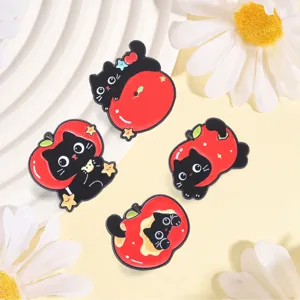 Cute black cat and red apple enamel pins set, cartoon star metal brooches for clothes decor.