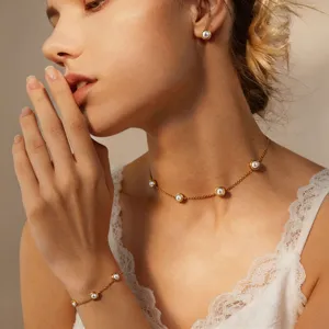 Minimalist Stainless Steel Artificial Pearl Necklace Bracelet Stud Earrings Jewelry Set For Women Elegant Daily Gift