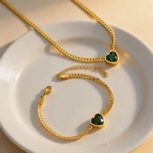 Gold titanium steel green zircon heart necklace and bracelet set, elegant chic jewelry.