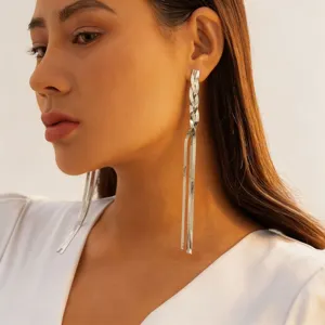 Long silver snake chain tassel earrings, minimalist metal design for women elegant daily wear.