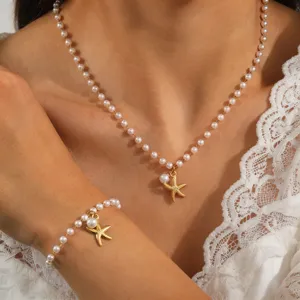 Stainless Steel Starfish Artificial Pearl Necklace Bracelet Earrings Women Beach Vacation Gold Niche Design Summer Jewelry