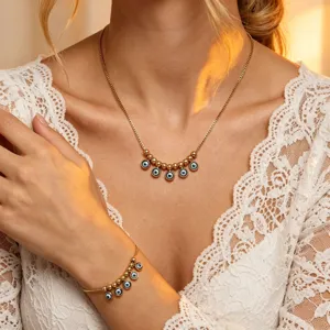 Minimalist Stainless Steel Rhinestone Evil Eye Pendant Necklace Classic Geometric Box Chain Tassel Bracelet Anklet Set For Women Gift