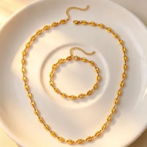 Gold coffee bean chain necklace and bracelet set jewelry minimalist stainless steel