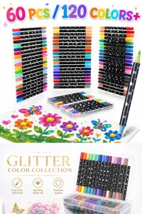 Dual-color glitter marker pens detail display with sparkling ink and colorful drawing cards.