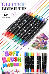 Glitter brush markers set detail, showing colorful ink strokes and transparent plastic storage case.