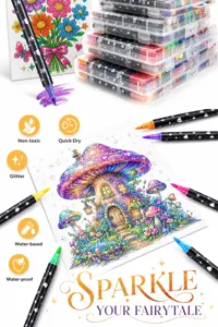 Glitter marker pen detail showing dual tips, vivid sparkly colors and convenient storage case.