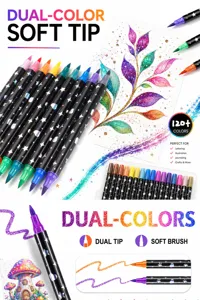 Detail view of dual color glitter brush pens showing soft tips, vibrant strokes and creative art.