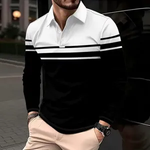 Polo casual da uomo a manica lunga con design a righe bicolore nero e bianco per primavera.