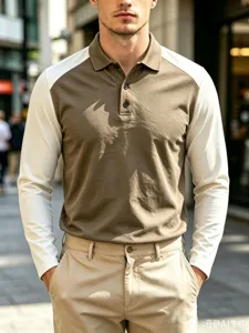 Men's long sleeve color blocked polo shirt casual golf lapel button design stylish top.