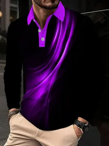 Detailed view of mens long sleeve polo shirt featuring abstract purple wavy pattern and lapel collar.